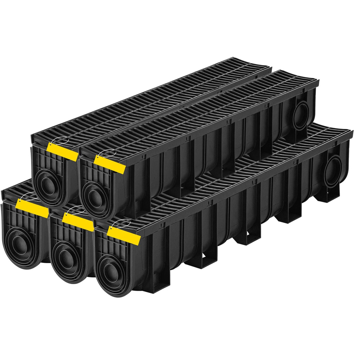 Trench Drain System, Channel Drain with Plastic Grate, 5.9x7.5-Inch HDPE Drainage Trench, Black Plastic Garage Floor Drain, 5x39 Trench Drain Grate, with 5 End Caps, for Garden, Driveway-5 Pack