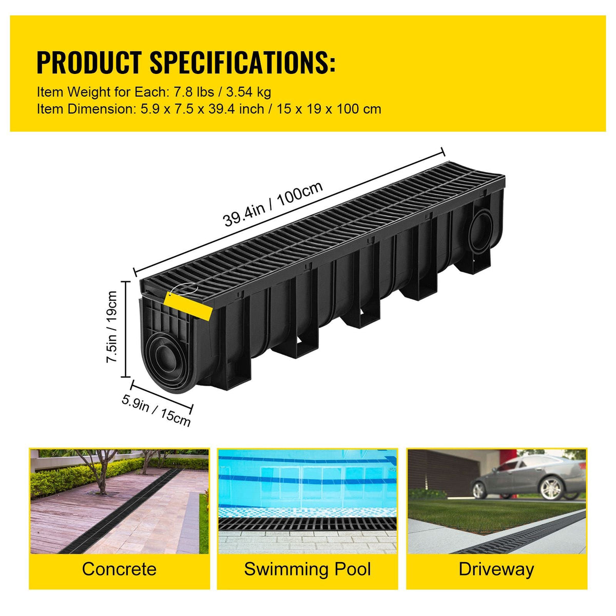 Trench Drain System, Channel Drain with Plastic Grate, 5.9x7.5-Inch HDPE Drainage Trench, Black Plastic Garage Floor Drain, 5x39 Trench Drain Grate, with 5 End Caps, for Garden, Driveway-5 Pack