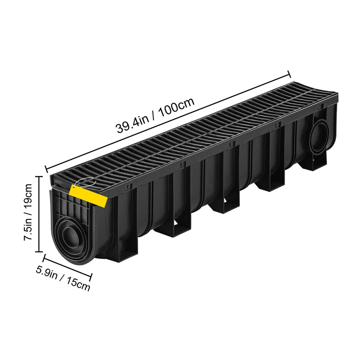 Trench Drain System, Channel Drain with Plastic Grate, 5.9x7.5-Inch HDPE Drainage Trench, Black Plastic Garage Floor Drain, 5x39 Trench Drain Grate, with 5 End Caps, for Garden, Driveway-5 Pack