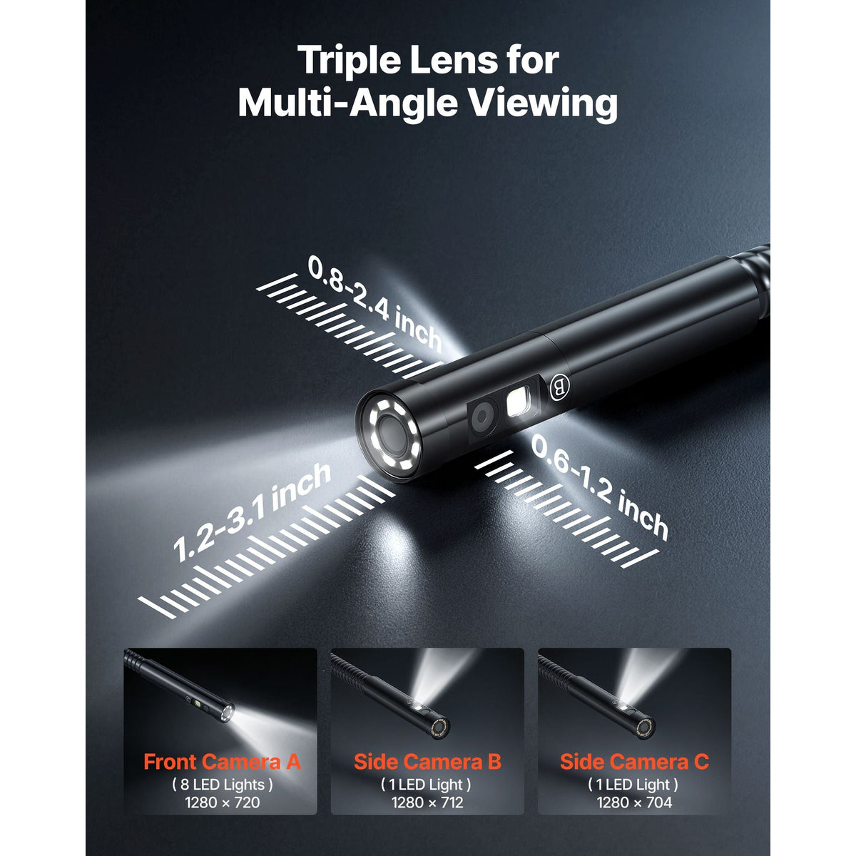 Triple Lens Endoscope with Light, 5" HD IPS Screen Industrial Borescope Camera, 8 + 2 LED Lights, 8X Zoom, 5000mAh, IP67 Waterproof Inspection Snake Camera for Automotive, Plumbing (4.9FT Cable)