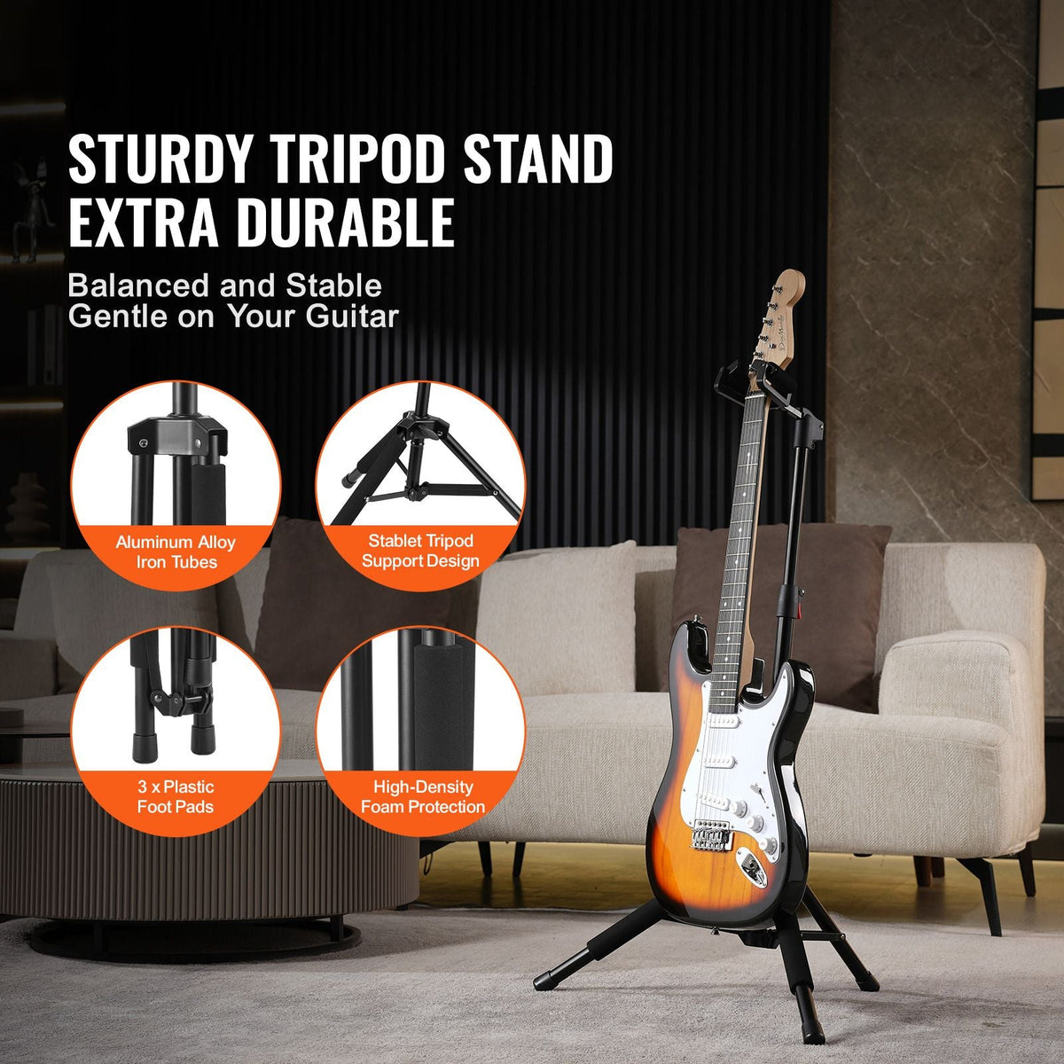 Tripod Guitar Stand, 33 lbs/15 kg Load Capacity, Floor-Standing Foldable Guitar Stand Display Rack with 35.4-47.2 in/900-1200 mm Adjustable Height, for Guitar Acoustic Electric Classical Bass