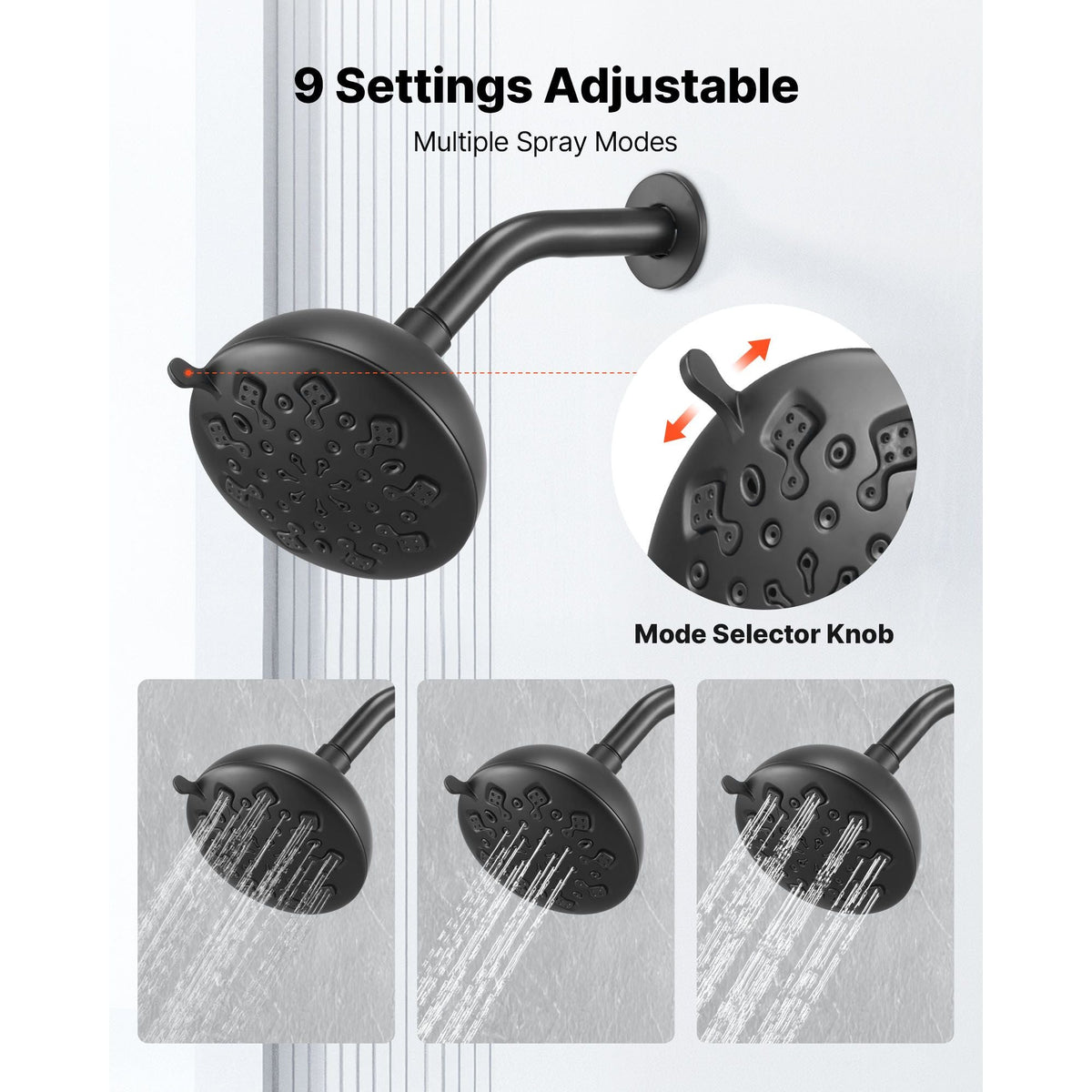 Tub and Shower Faucet Set, Complete with 4.7-Inch Rainfall Shower Head and Bathtub Spout, 9-Setting Adjustable Spray, Single-Handle Tub Trim Kit with Brass Pressure Balancing Valve, Matte Black