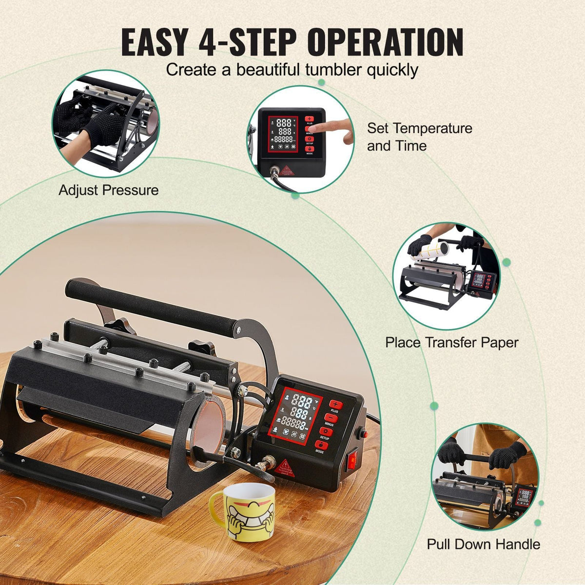 Tumbler Heat Press Machine, 11-30oz Mug Press, Heat Up Fast and Even, Tumbler Press with Sublimation Paper, Tape and Gloves, Temp and Time Setting, for Sublimation Tumblers, Cups, Mugs, Black