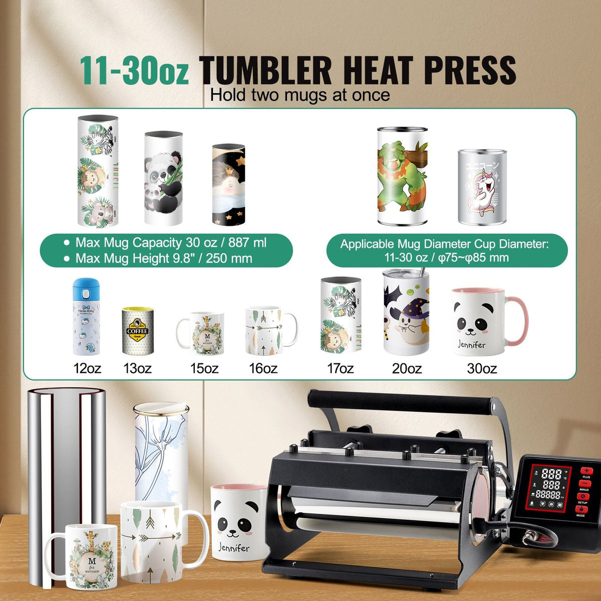Tumbler Heat Press Machine, 11-30oz Mug Press, Heat Up Fast and Even, Tumbler Press with Sublimation Paper, Tape and Gloves, Temp and Time Setting, for Sublimation Tumblers, Cups, Mugs, Black
