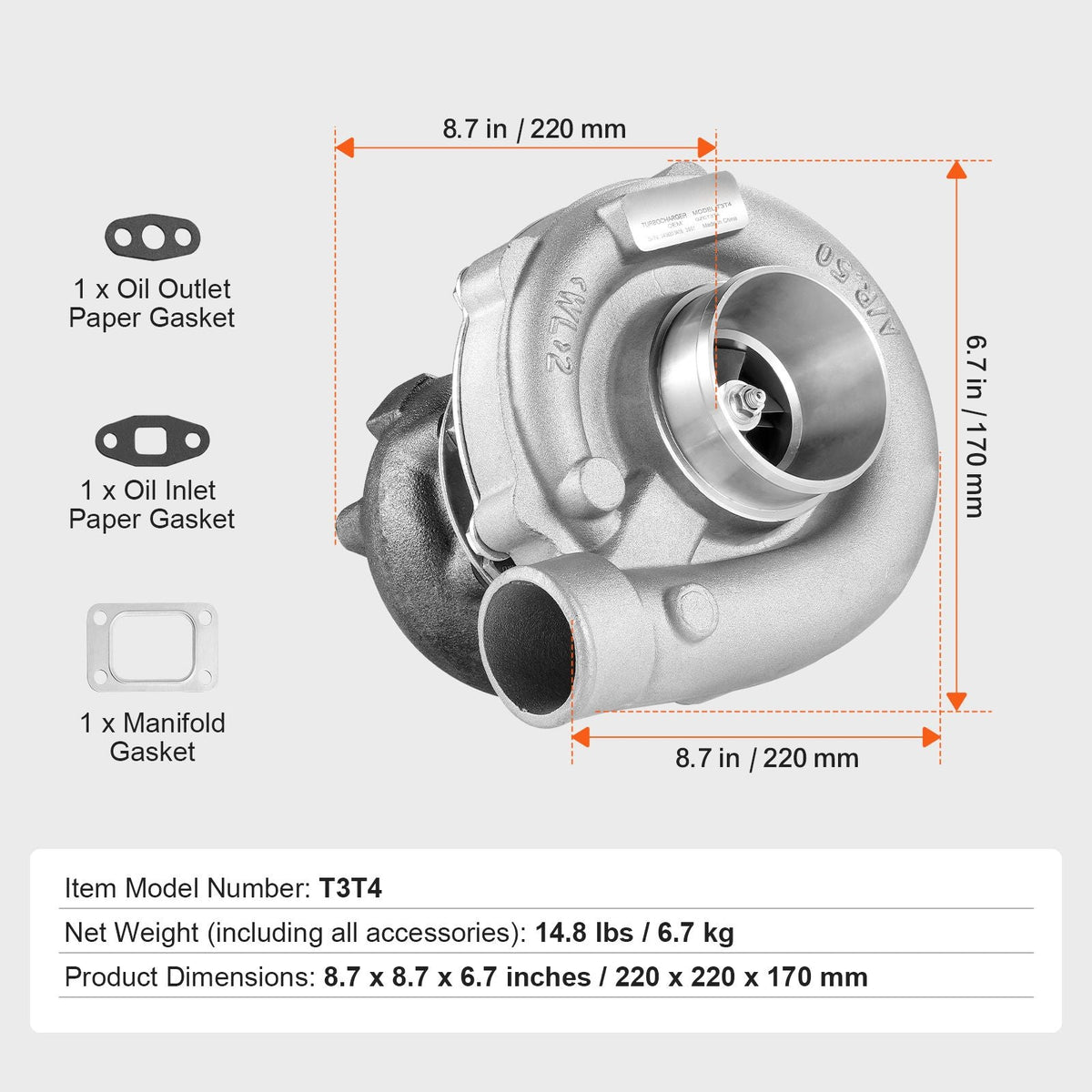 Turbo Turbocharger with Gasket Kit, Turbo Charger Replacement for Car Engines, Compatible with 1.5L-4.0L Engine Displacements, Heat Resistance Engine Turbocharger with K418 Alloy Impeller