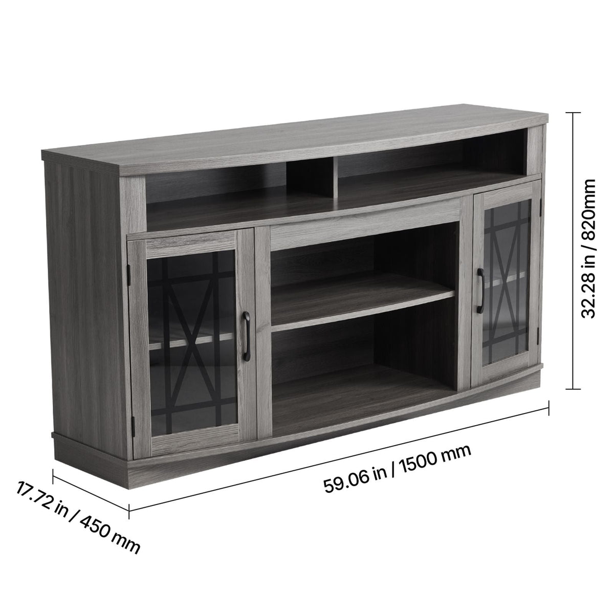 TV Stand for TVs up to 65 inch, Farmhouse Entertainment Center with Light Strip, Wooden TV Cabinet Storage with Glass Doors and Adjustable Shelves, Console Table for Living Room, Bedroom, Gray