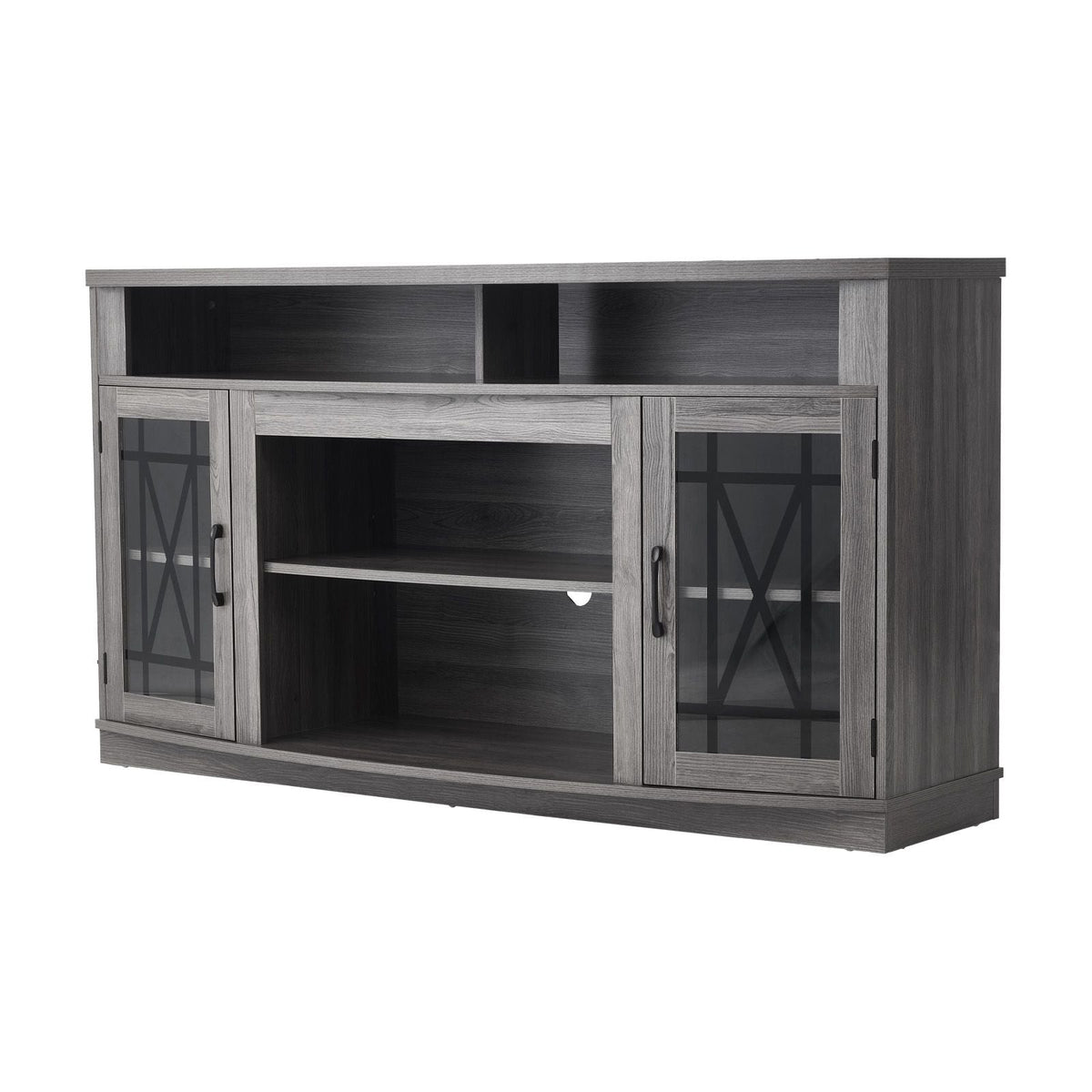 TV Stand for TVs up to 65 inch, Farmhouse Entertainment Center with Light Strip, Wooden TV Cabinet Storage with Glass Doors and Adjustable Shelves, Console Table for Living Room, Bedroom, Gray