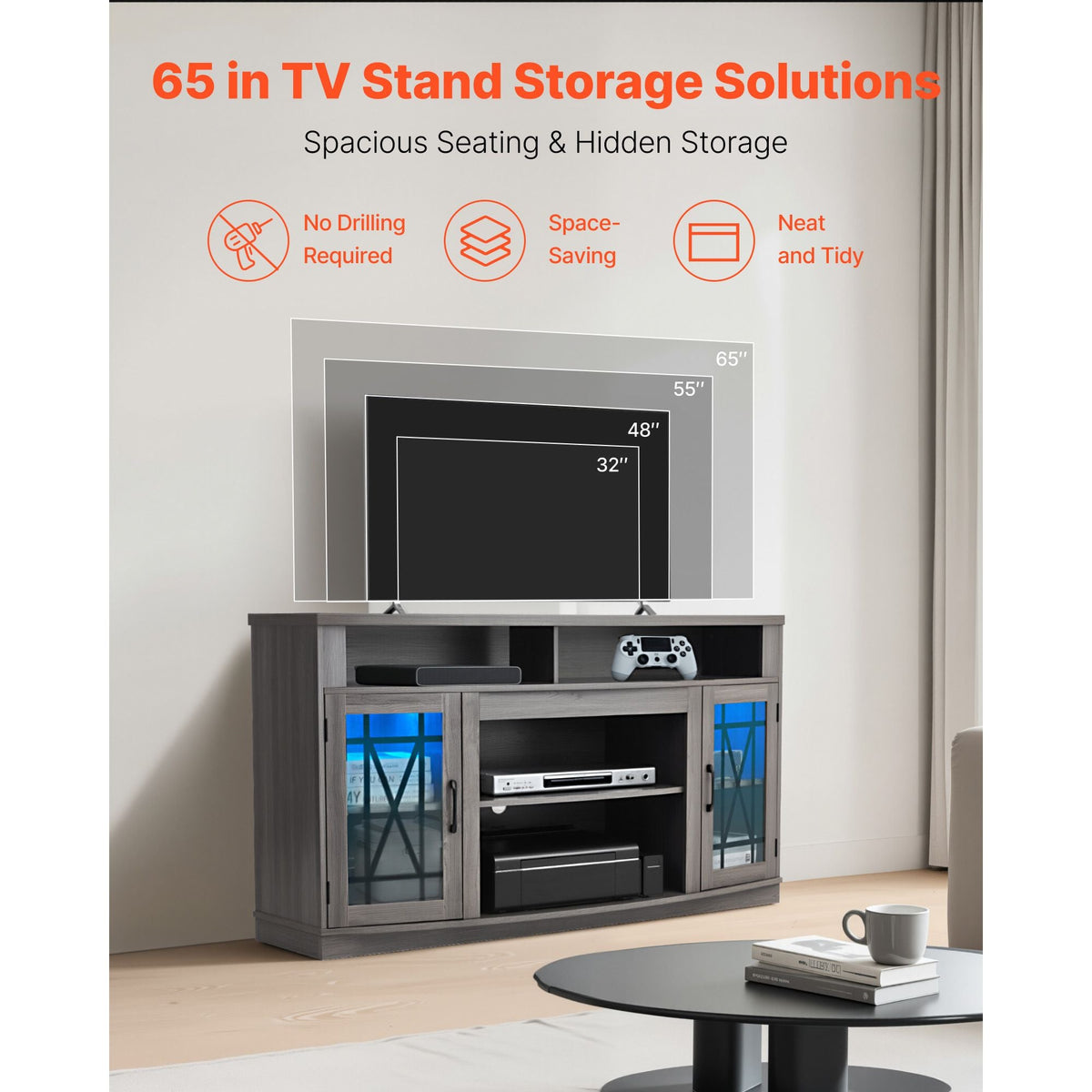 TV Stand for TVs up to 65 inch, Farmhouse Entertainment Center with Light Strip, Wooden TV Cabinet Storage with Glass Doors and Adjustable Shelves, Console Table for Living Room, Bedroom, Gray