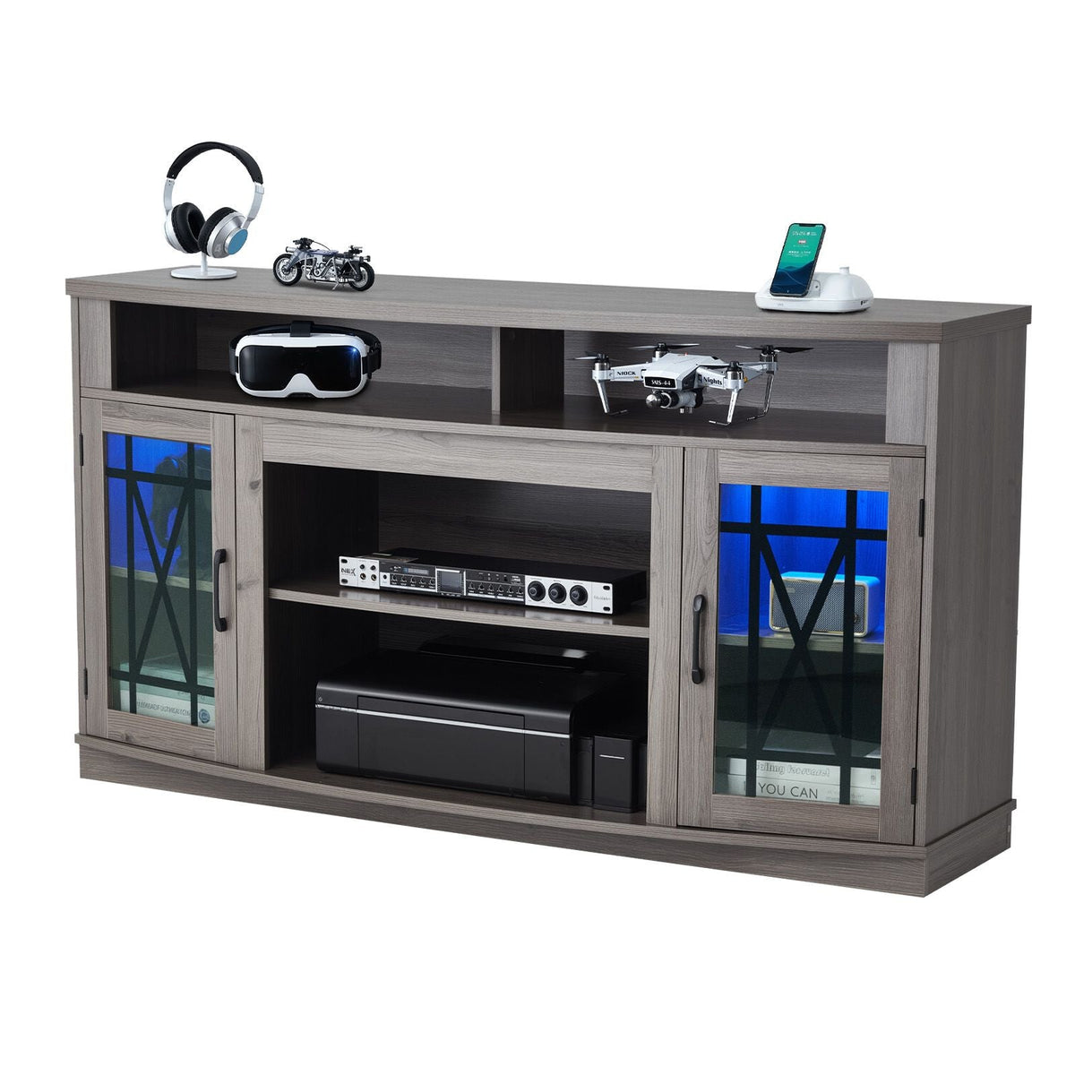 TV Stand for TVs up to 65 inch, Farmhouse Entertainment Center with Light Strip, Wooden TV Cabinet Storage with Glass Doors and Adjustable Shelves, Console Table for Living Room, Bedroom, Gray