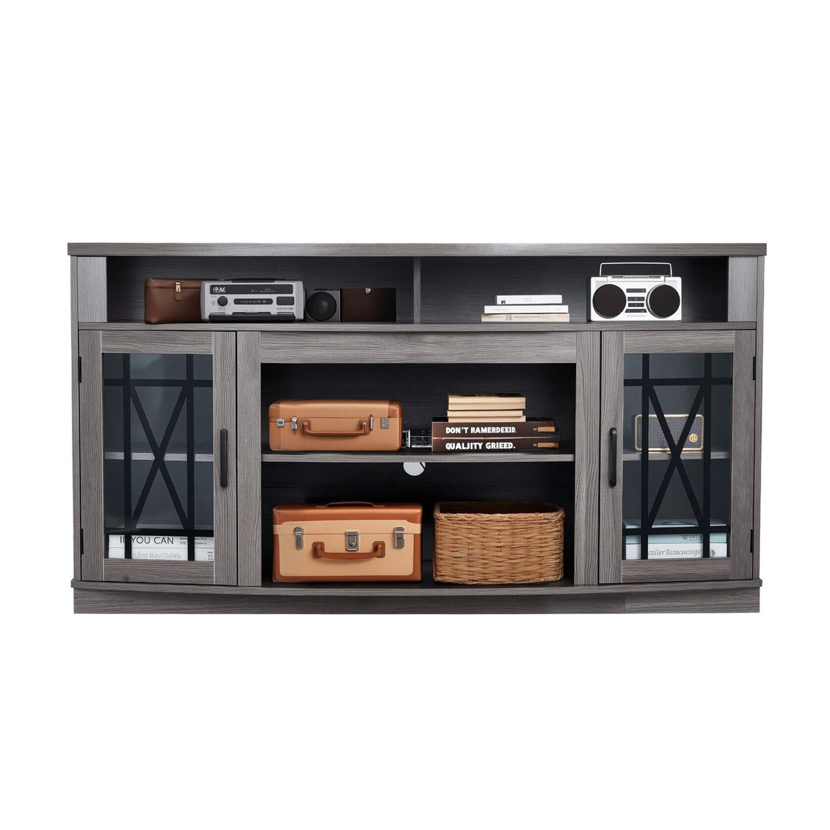 TV Stand for TVs up to 65 inch, Farmhouse Entertainment Center with Light Strip, Wooden TV Cabinet Storage with Glass Doors and Adjustable Shelves, Console Table for Living Room, Bedroom, Gray