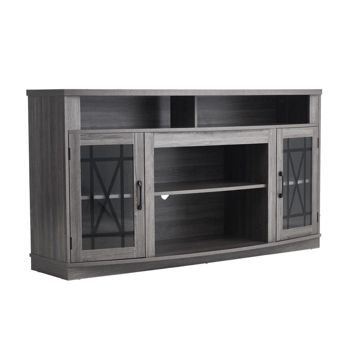 TV Stand for TVs up to 65 inch, Farmhouse Entertainment Center with Light Strip, Wooden TV Cabinet Storage with Glass Doors and Adjustable Shelves, Console Table for Living Room, Bedroom, Gray