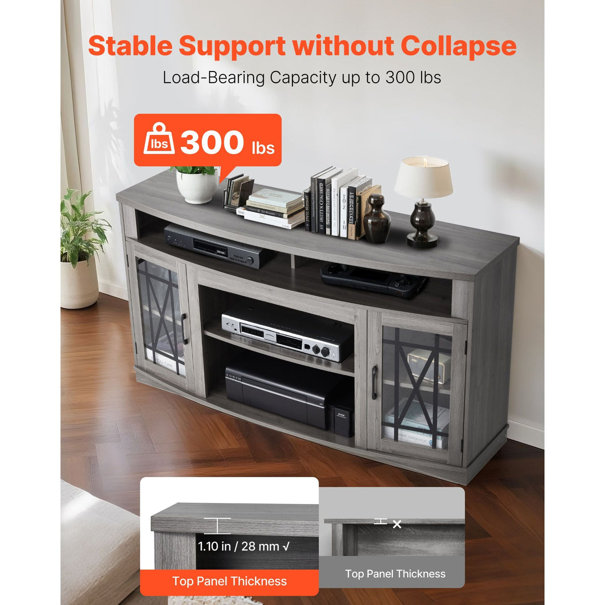 TV Stand for TVs up to 65 inch, Farmhouse Entertainment Center with Light Strip, Wooden TV Cabinet Storage with Glass Doors and Adjustable Shelves, Console Table for Living Room, Bedroom, Gray