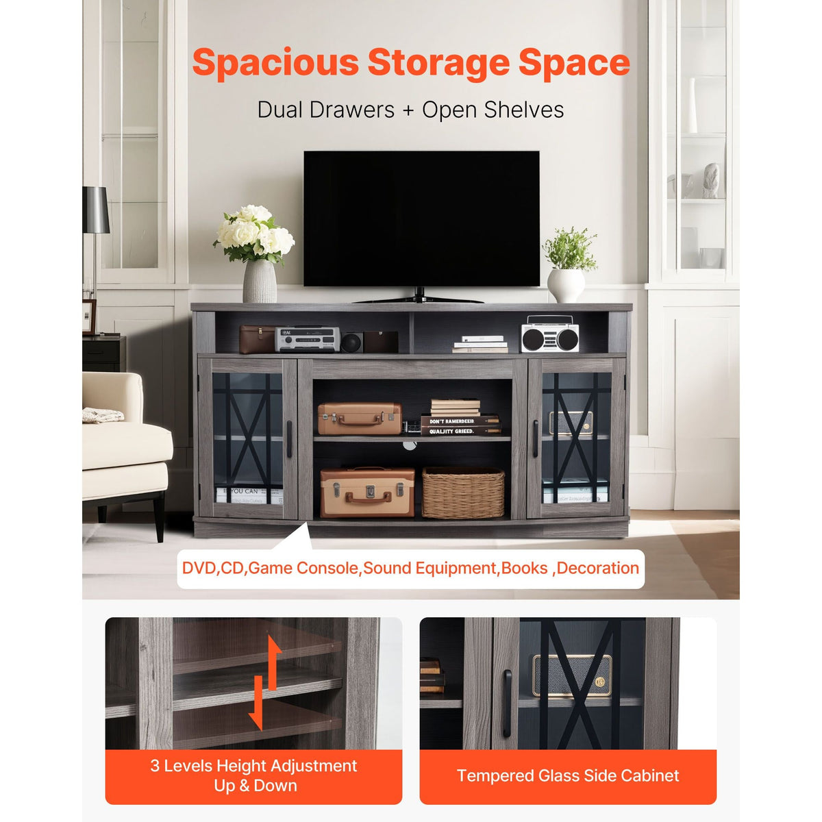 TV Stand for TVs up to 65 inch, Farmhouse Entertainment Center with Light Strip, Wooden TV Cabinet Storage with Glass Doors and Adjustable Shelves, Console Table for Living Room, Bedroom, Gray