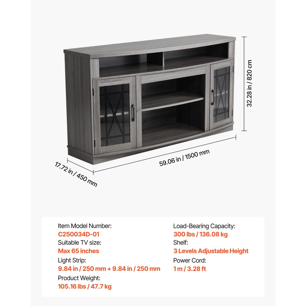 TV Stand for TVs up to 65 inch, Farmhouse Entertainment Center with Light Strip, Wooden TV Cabinet Storage with Glass Doors and Adjustable Shelves, Console Table for Living Room, Bedroom, Gray
