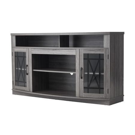 TV Stand for TVs up to 65 inch, Farmhouse Entertainment Center with Light Strip, Wooden TV Cabinet Storage with Glass Doors and Adjustable Shelves, Console Table for Living Room, Bedroom, Gray