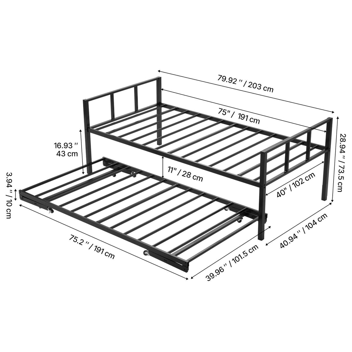 Twin Size Daybed Frame, Day Bed with Trundle, Heavy Duty Metal Platform Bed Frame, Twin Daybed with Metal Slats Support for Living Room, Bedroom, Guest Room, Easy Assembly, Black