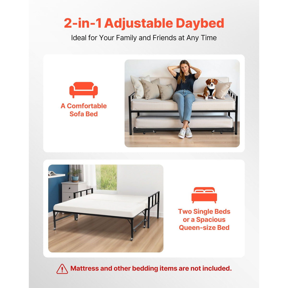 Twin Size Daybed Frame, Day Bed with Trundle, Heavy Duty Metal Platform Bed Frame, Twin Daybed with Metal Slats Support for Living Room, Bedroom, Guest Room, Easy Assembly, Black