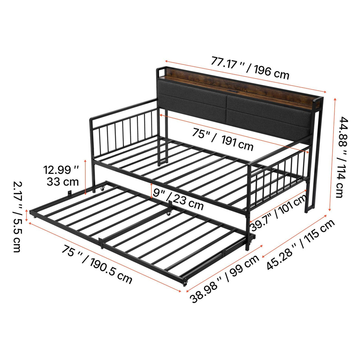 Twin Size Daybed Frame, Day Bed with Trundle, Heavy Duty Metal Platform Bed Frame with Charging Station, Twin Daybed with Metal Slats Support for Living Room, Bedroom, Guest Room, Easy Assembly