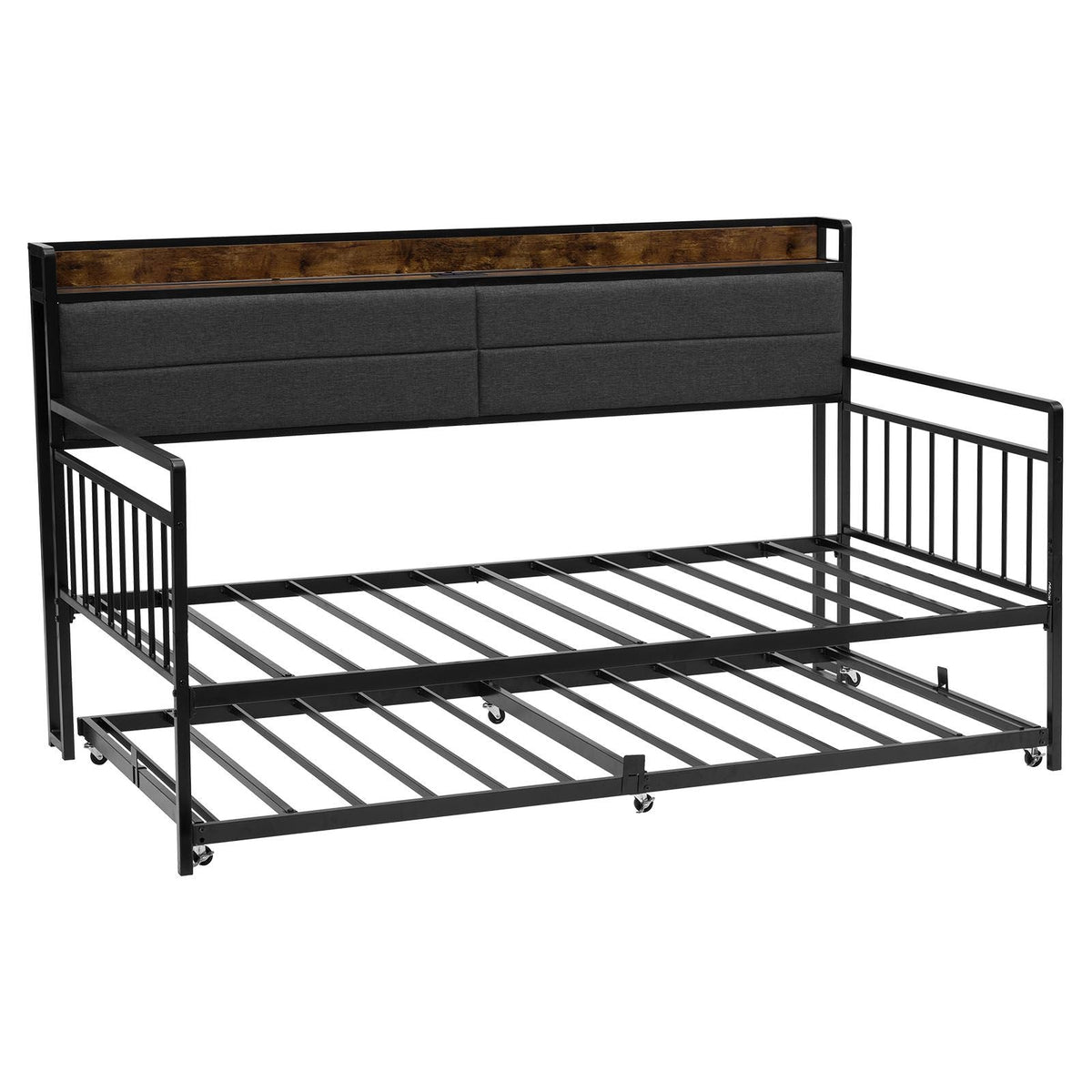 Twin Size Daybed Frame, Day Bed with Trundle, Heavy Duty Metal Platform Bed Frame with Charging Station, Twin Daybed with Metal Slats Support for Living Room, Bedroom, Guest Room, Easy Assembly