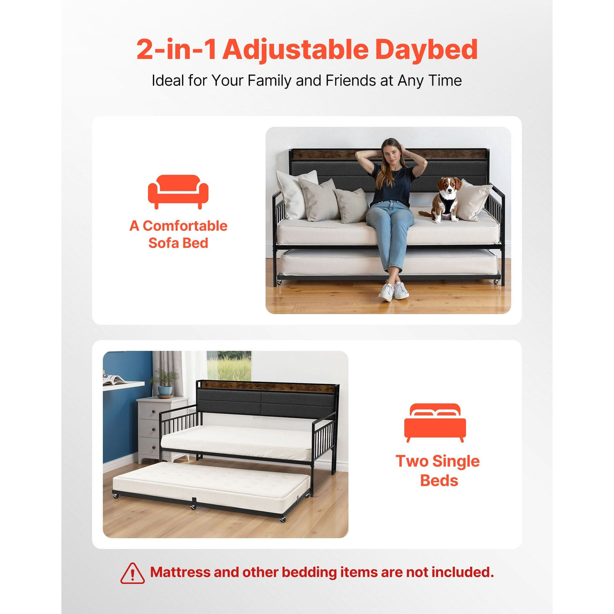 Twin Size Daybed Frame, Day Bed with Trundle, Heavy Duty Metal Platform Bed Frame with Charging Station, Twin Daybed with Metal Slats Support for Living Room, Bedroom, Guest Room, Easy Assembly