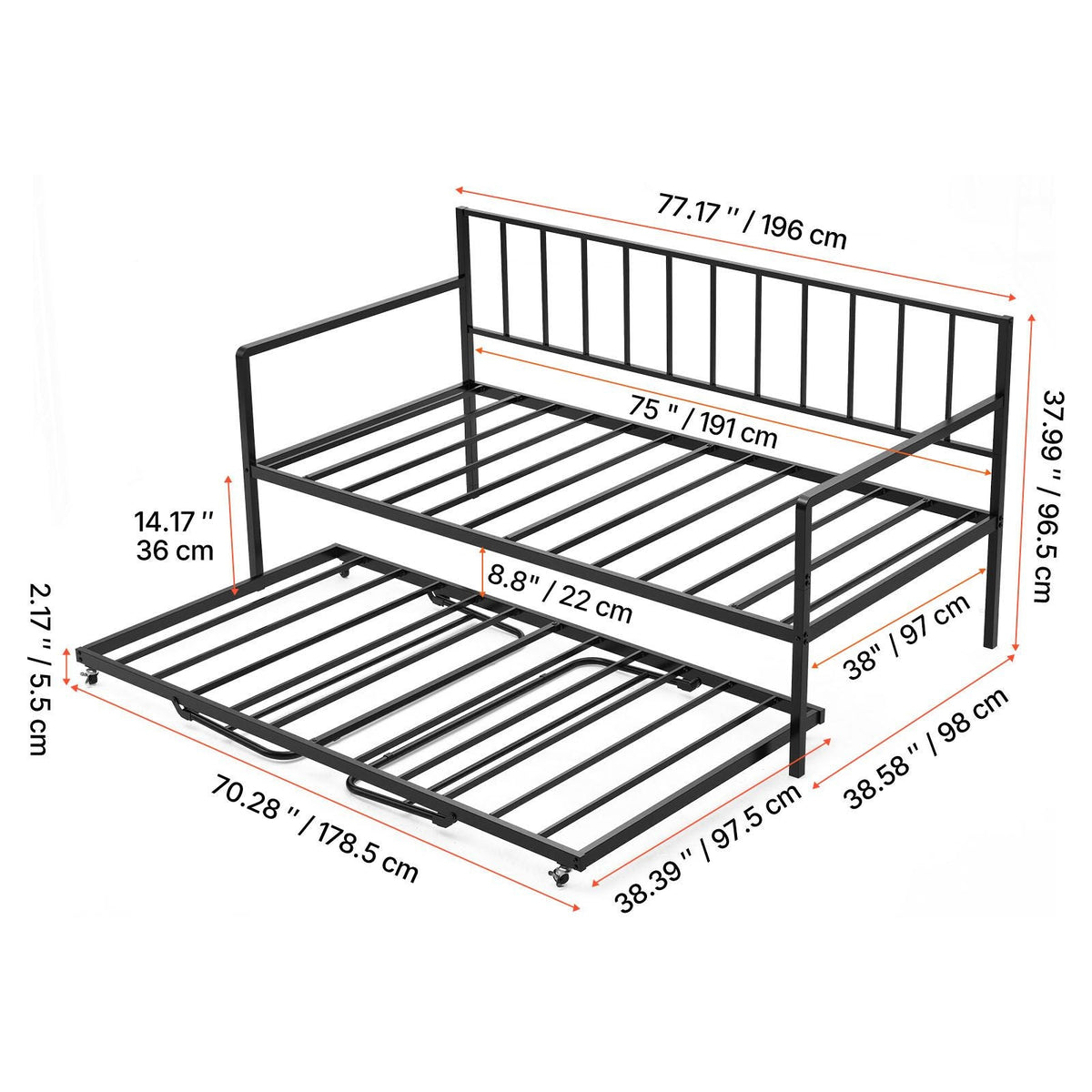 Twin Size Daybed Frame, Height Adjustable Day Bed with Trundle, Heavy Duty Metal Platform Bed Frame with LED Light and Charging Station, Twin Daybed with Metal Slats for Living Room, Bedroom