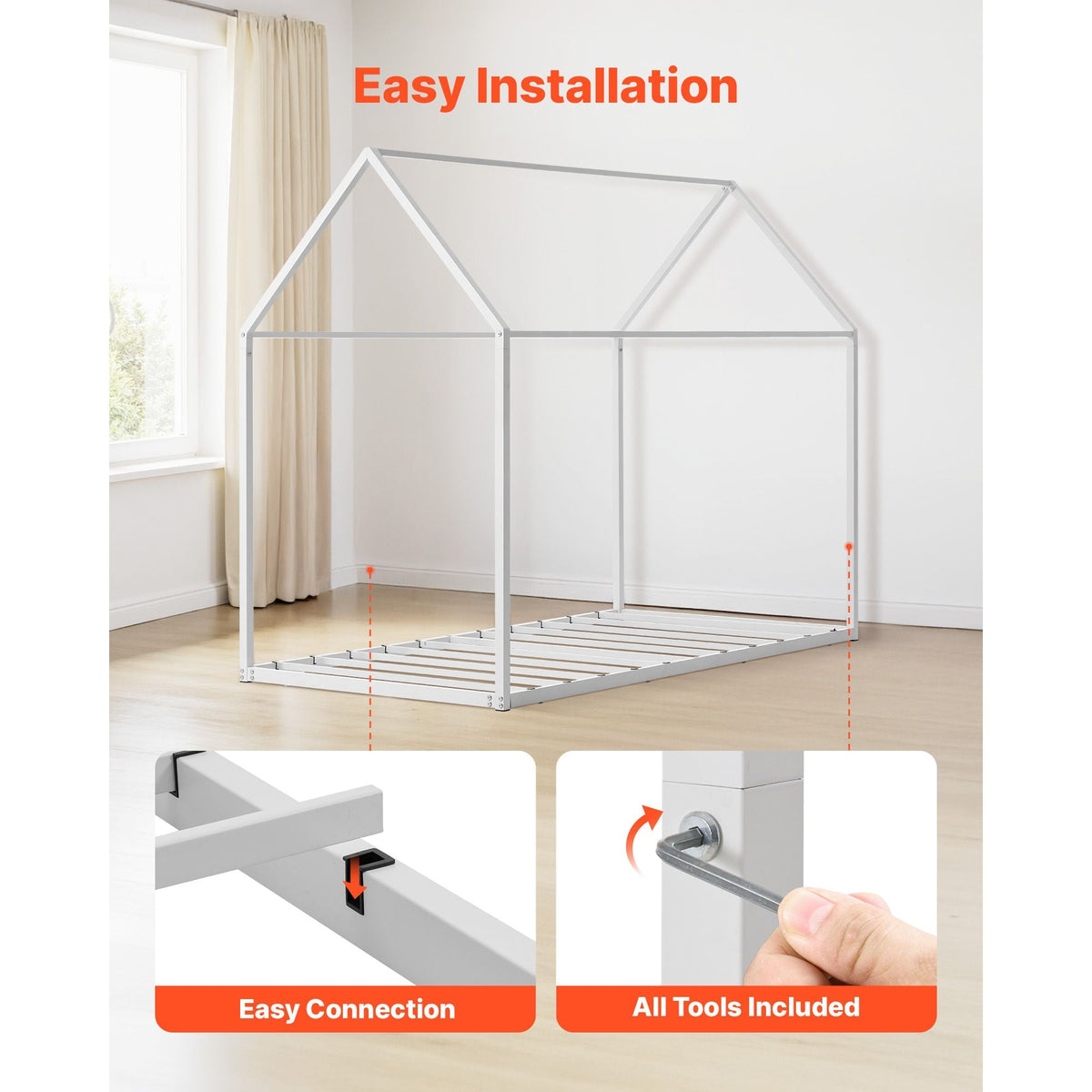 Twin Size House Bed Frame, Metal Kids Floor Bed Frame with Roof, Heavy Duty Steel Slats Support, House Shape Bedframe for Girls and Boys, No Box Spring Needed, Easy Assembly, White