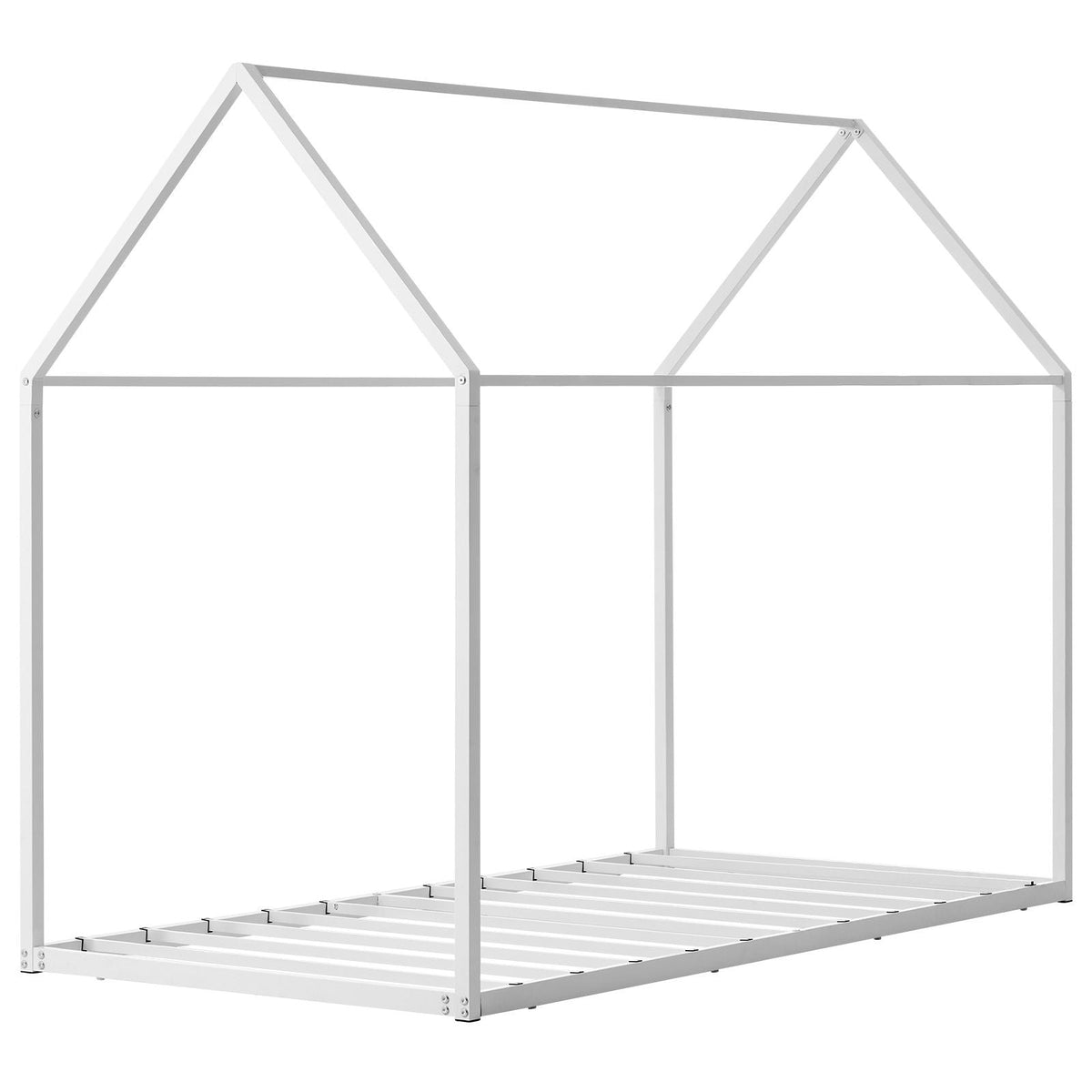 Twin Size House Bed Frame, Metal Kids Floor Bed Frame with Roof, Heavy Duty Steel Slats Support, House Shape Bedframe for Girls and Boys, No Box Spring Needed, Easy Assembly, White