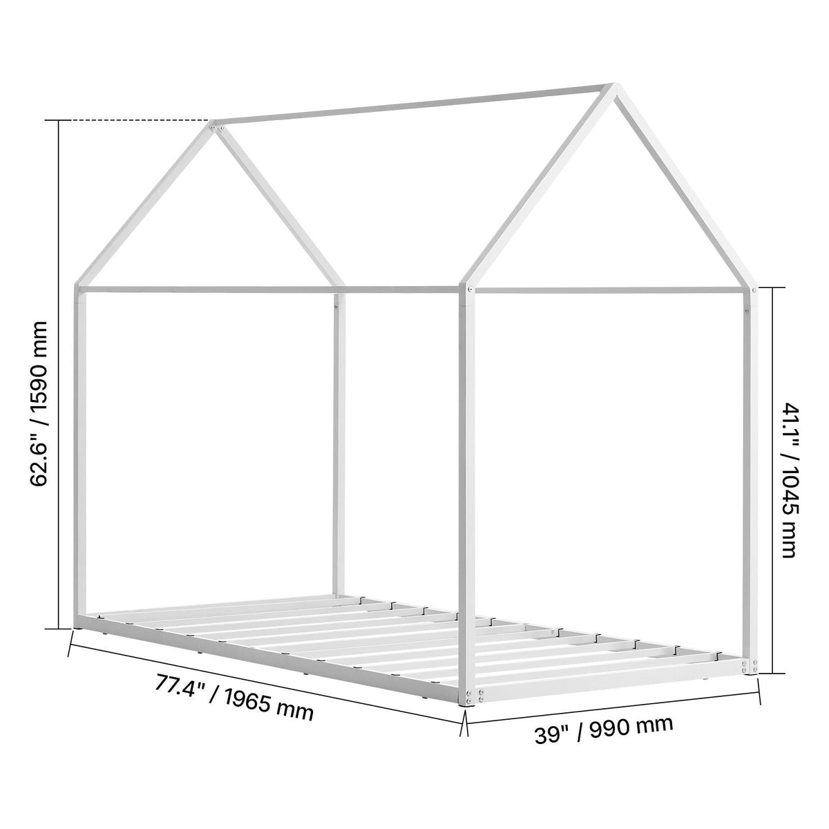 Twin Size House Bed Frame, Metal Kids Floor Bed Frame with Roof, Heavy Duty Steel Slats Support, House Shape Bedframe for Girls and Boys, No Box Spring Needed, Easy Assembly, White