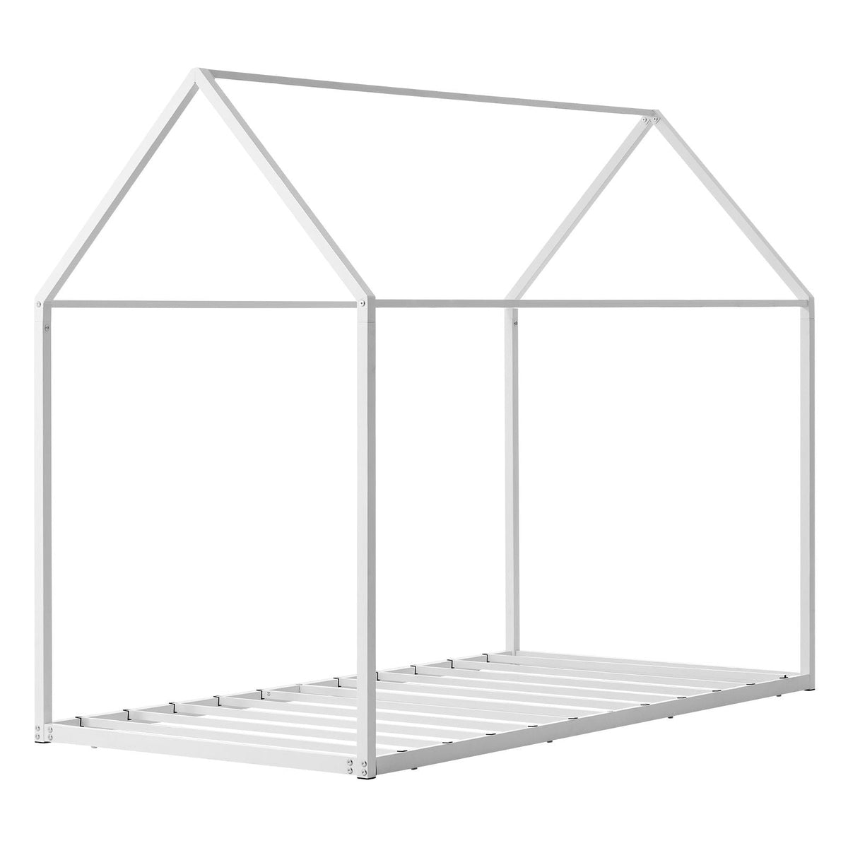 Twin Size House Bed Frame, Metal Kids Floor Bed Frame with Roof, Heavy Duty Steel Slats Support, House Shape Bedframe for Girls and Boys, No Box Spring Needed, Easy Assembly, White