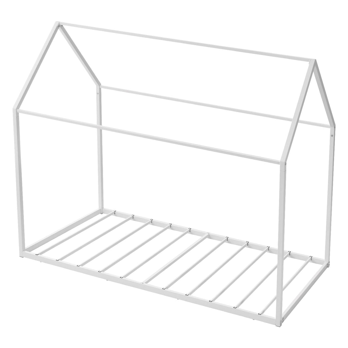 Twin Size House Bed Frame, Metal Kids Floor Bed Frame with Roof, Heavy Duty Steel Slats Support, House Shape Bedframe for Girls and Boys, No Box Spring Needed, Easy Assembly, White