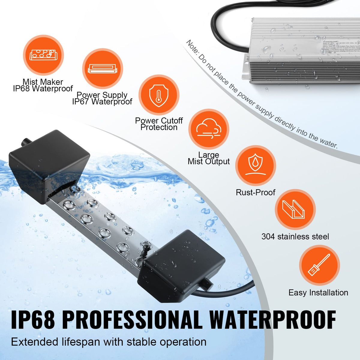 Ultrasonic Mist Maker 10 Head, 7000mL/H Ultrasonic Fogger, Mist Maker with 280W IP67 Waterproof Power Supply, Buoy, Replacement Discs, for Pond, Garden, Rockery, Greenhouse, Halloween Decoration