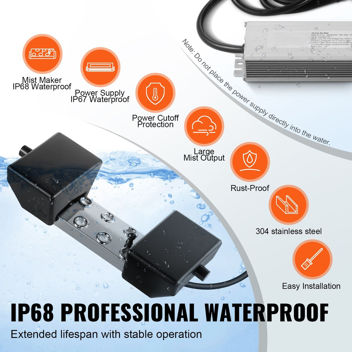 Ultrasonic Mist Maker 6 Head, 4500mL/H Ultrasonic Fogger, Mist Maker with 165W IP67 Waterproof Power Supply, Buoy, Replacement Discs, for Pond, Garden, Rockery, Greenhouse, Halloween Decoration