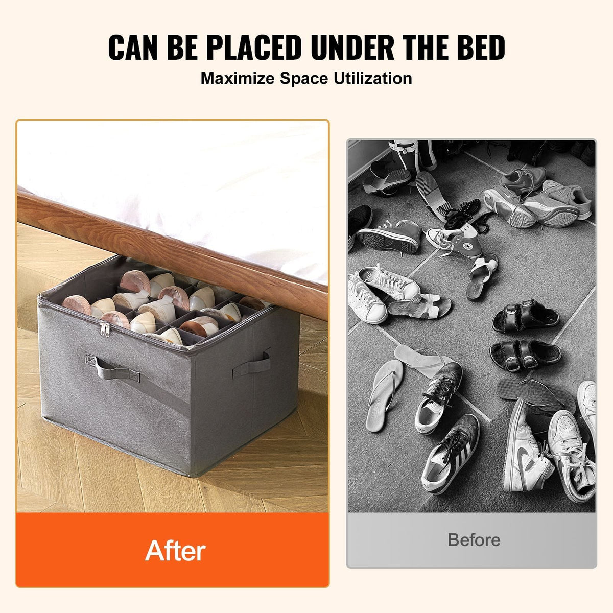 Under Bed Shoe Storage Organizer, 1 Pack, 16 Compartments, Underbed Shoe Box Storage Containers Adjustable Dividers, Sandal Organizer Storage with Clear Window, Breathable, Reinforced Handles