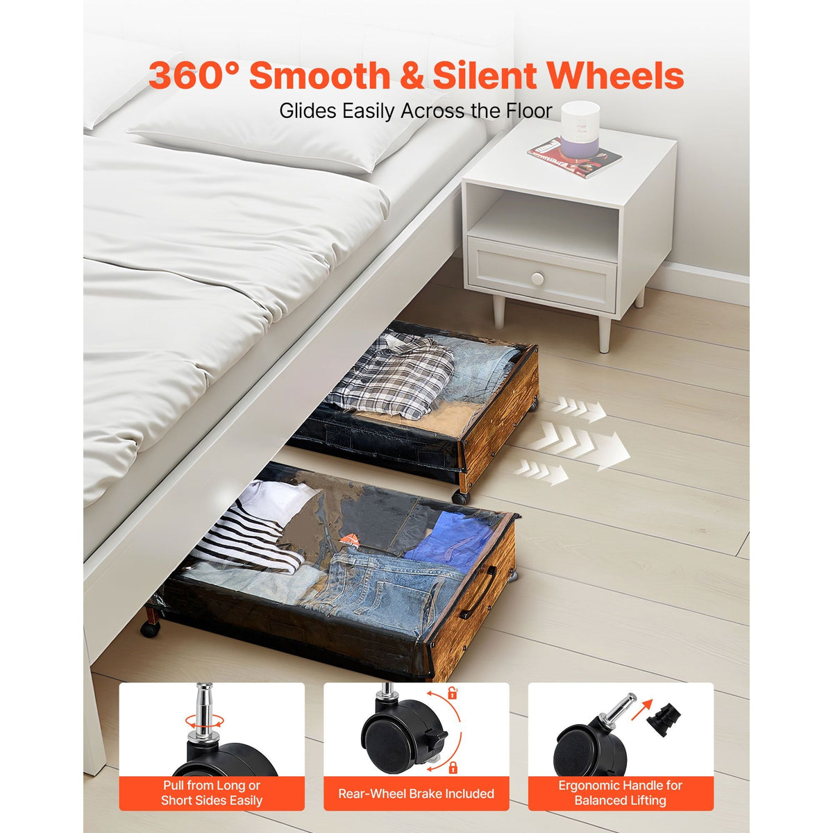 Under Bed Storage with Wheels, 25.6 x 18.1 x 7.1 inch Underbed Containers, Underbed Shoes Organizer with Lockable Wheels, Rolling Under the Bed Storage Bins for Clothes, Shoes, Blankets, 2 Pack