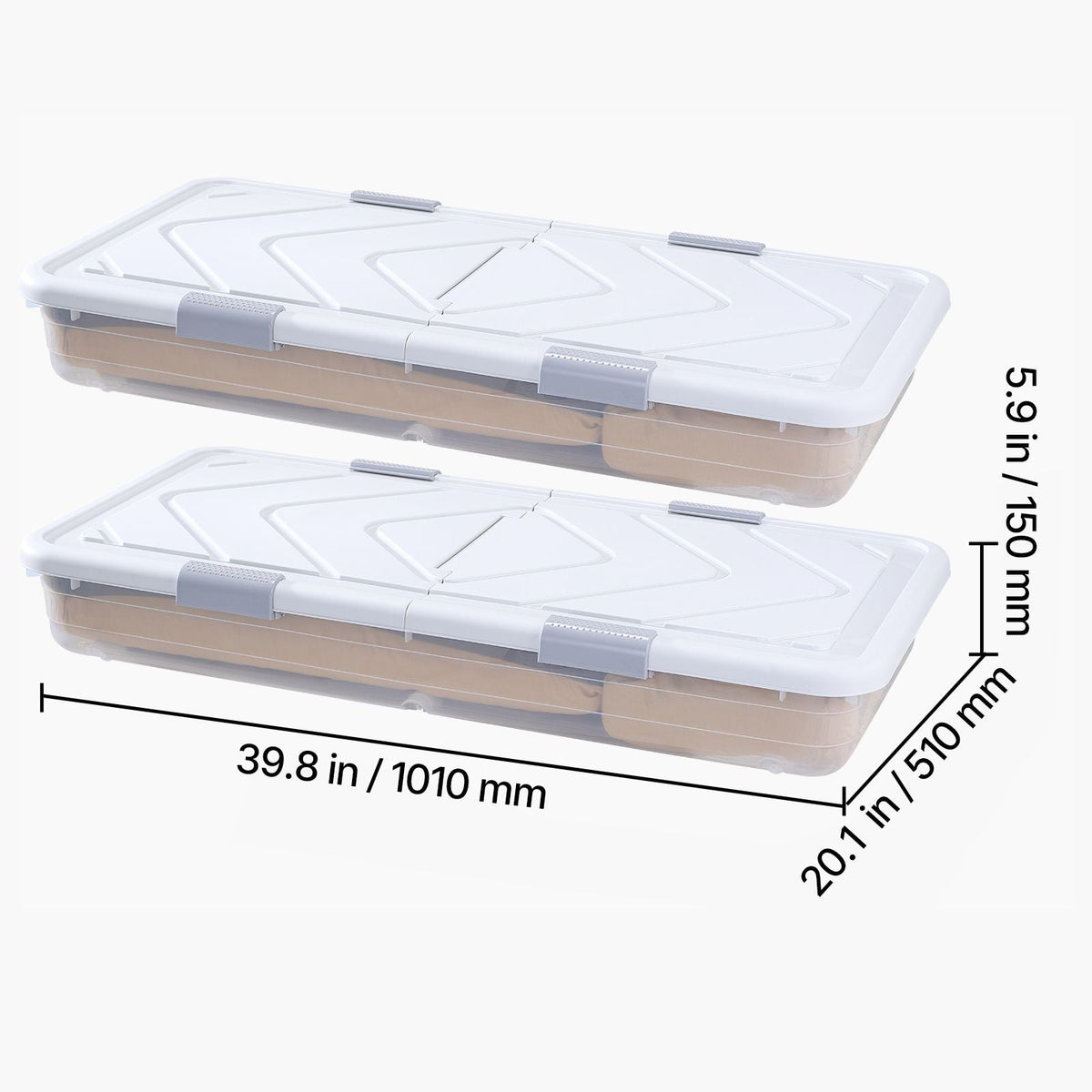 Under Bed Storage with Wheels, 39.8 x 20.1 x 5.9 inch Underbed Containers, Underbed Shoes Organizer with Lid & Gray Latch, Rolling Under the Bed Storage Bins for Clothes Shoes Blankets, 2 Pack