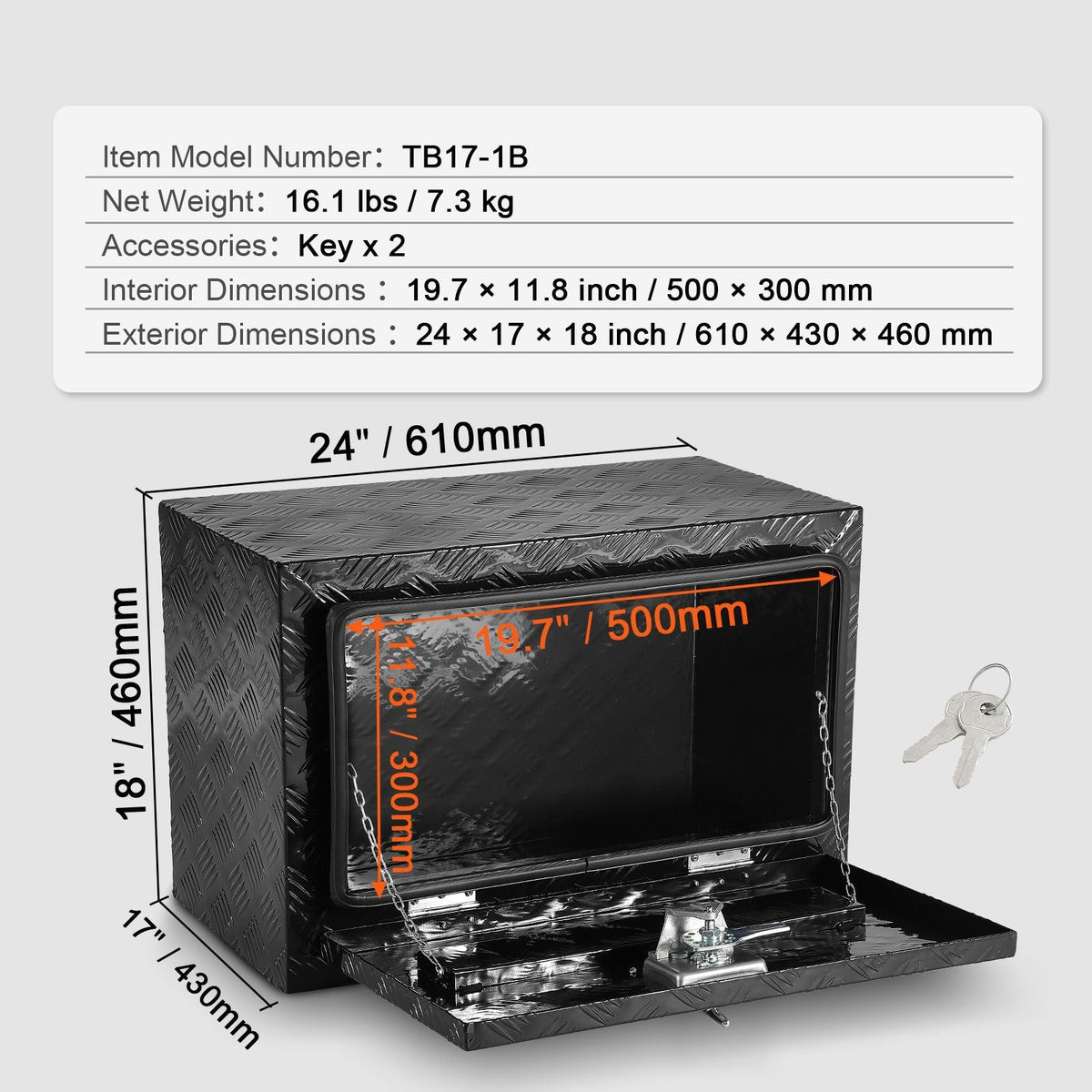 Underbody Truck Box, 24" x 17" x 18" Pickup Storage Box, Heavy Duty Aluminum Diamond Plate Tool Box with Lock and Keys, Waterproof Trailer Storage Box with T-Handle Latch for Truck, Van, Trailer
