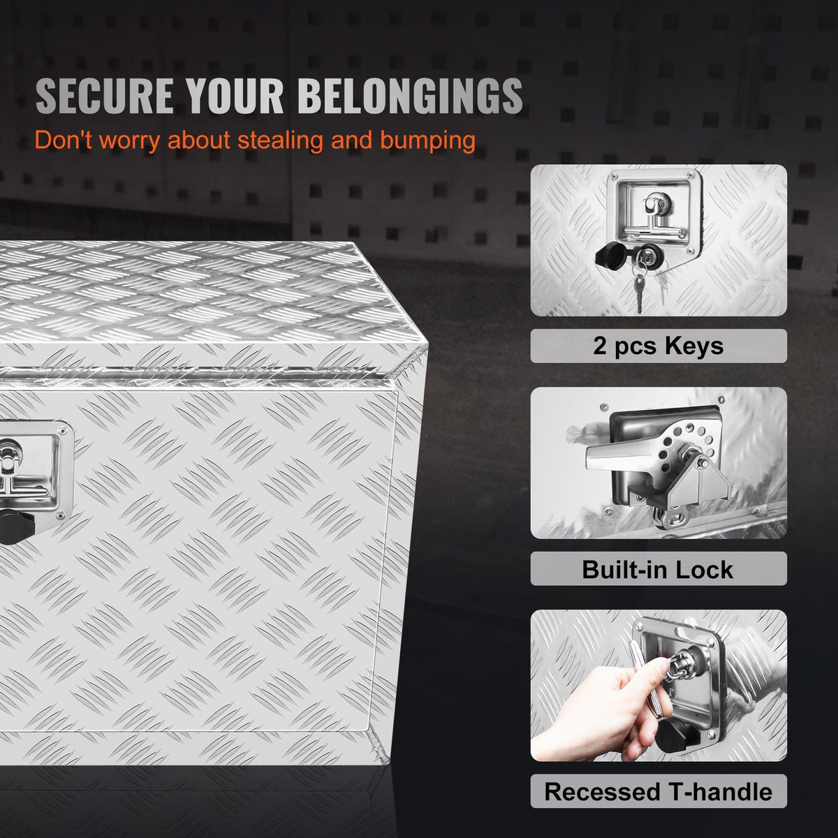Underbody Truck Box, 30"×17"×18" Pickup Storage Box, Heavy Duty Aluminum Diamond Plate Tool Box with Lock and Keys, Waterproof Trailer Storage Box with T-Handle Latch for Truck, Van, Trailer