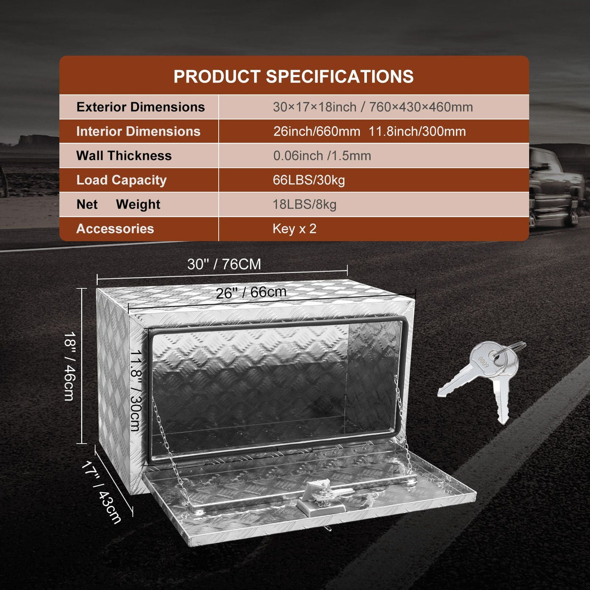 Underbody Truck Box, 30"×17"×18" Pickup Storage Box, Heavy Duty Aluminum Diamond Plate Tool Box with Lock and Keys, Waterproof Trailer Storage Box with T-Handle Latch for Truck, Van, Trailer