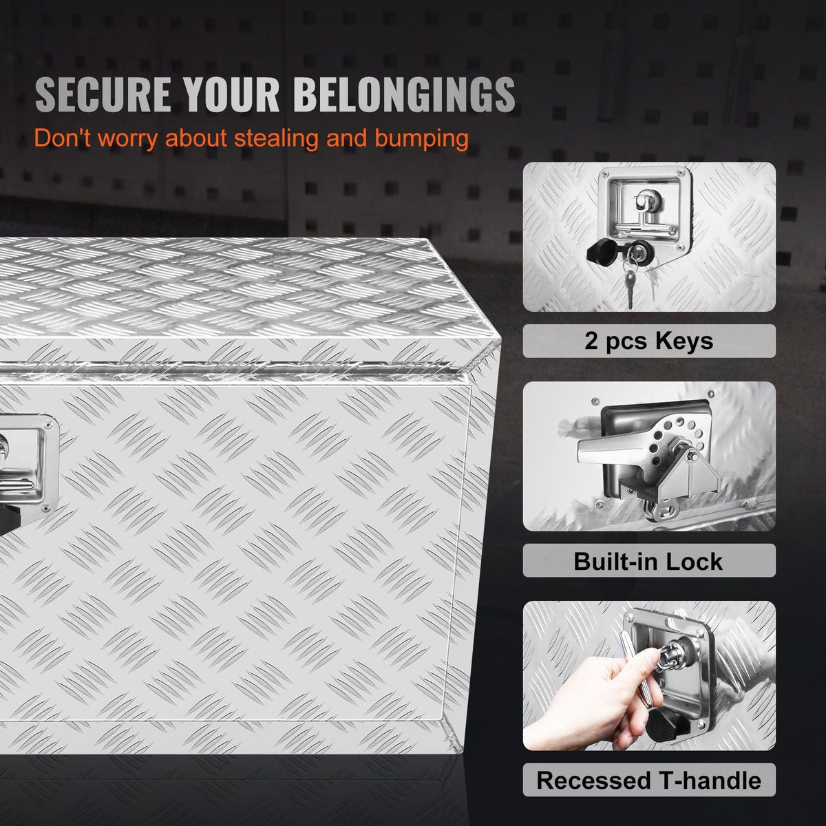 Underbody Truck Box, 36"×17"×18" Pickup Storage Box, Heavy Duty Aluminum Diamond Plate Tool Box with Lock and Keys, Waterproof Trailer Storage Box with T-Handle Latch for Truck, Van, Trailer
