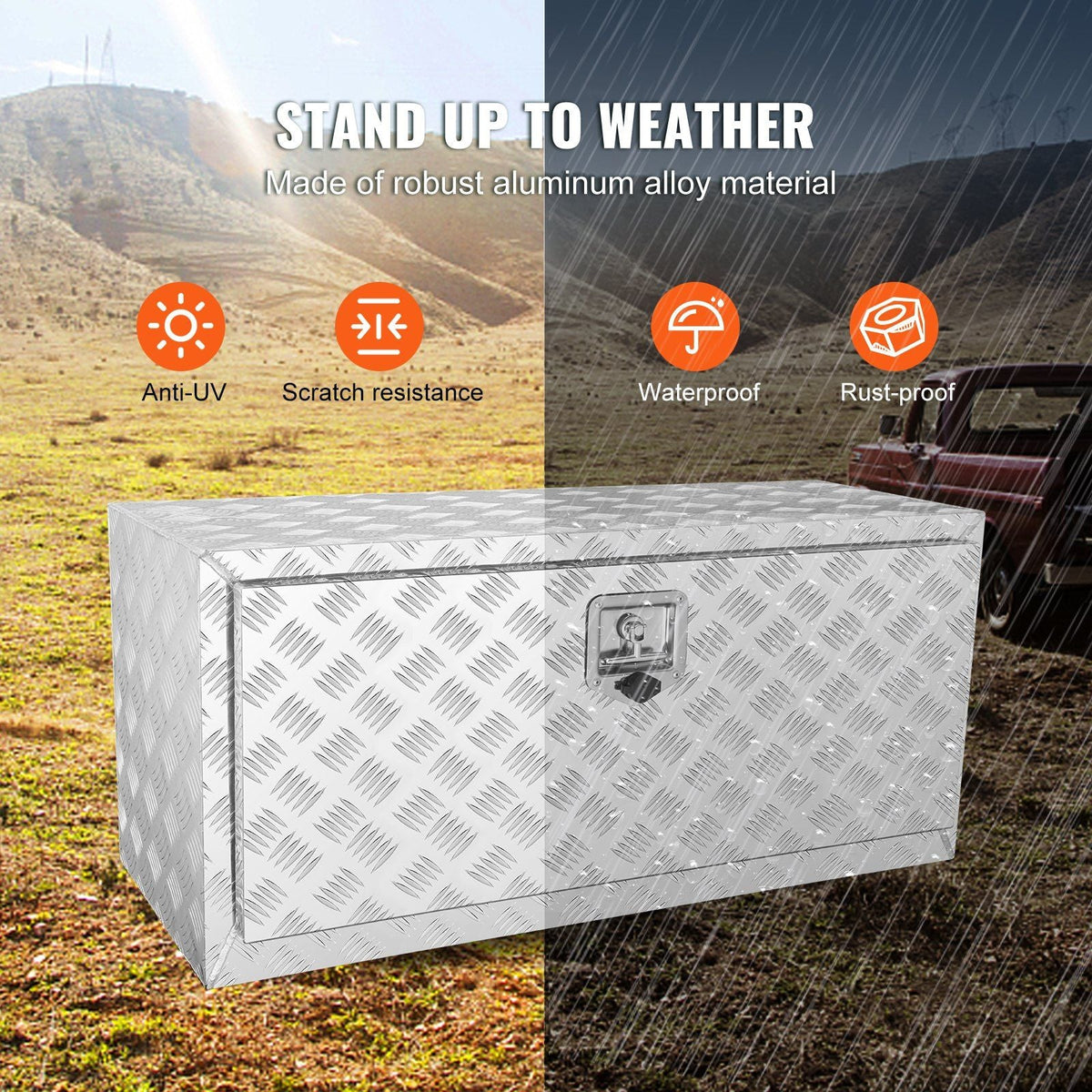 Underbody Truck Box, 36"×17"×18" Pickup Storage Box, Heavy Duty Aluminum Diamond Plate Tool Box with Lock and Keys, Waterproof Trailer Storage Box with T-Handle Latch for Truck, Van, Trailer