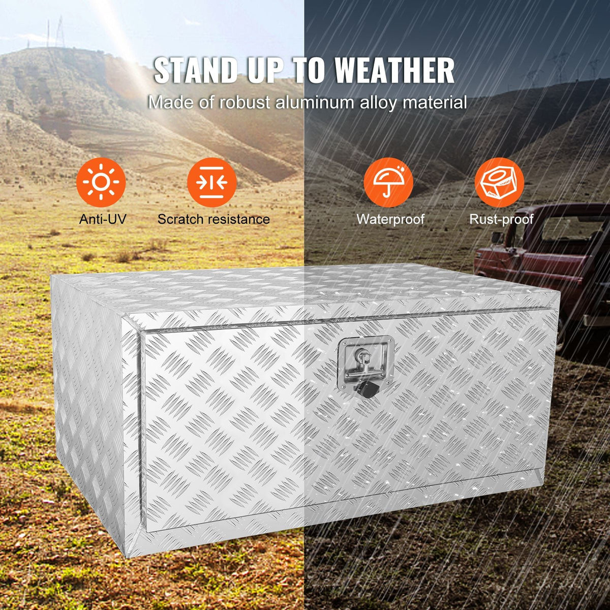 Underbody Truck Box, 36"×24"×24" Pickup Storage Box, Heavy Duty Aluminum Diamond Plate Tool Box with Lock and Keys, Waterproof Trailer Storage Box with T-Handle Latch for Truck, Van, Trailer