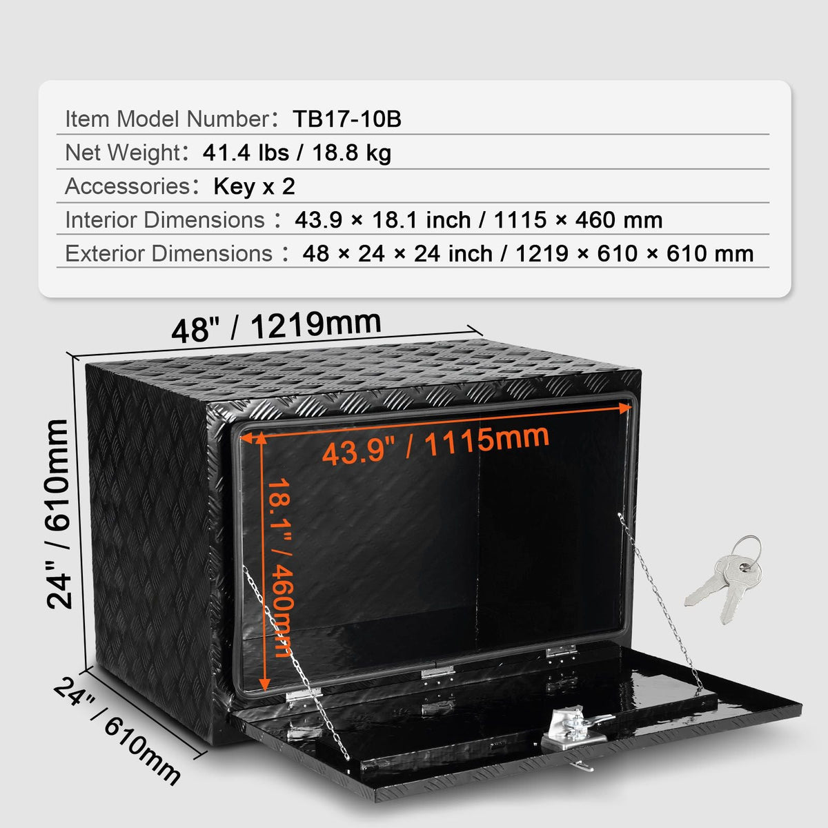 Underbody Truck Box, 48" x 24" x 24" Pickup Storage Box, Heavy Duty Aluminum Diamond Plate Tool Box with Lock and Keys, Waterproof Trailer Storage Box with T-Handle Latch for Truck, Van, Trailer