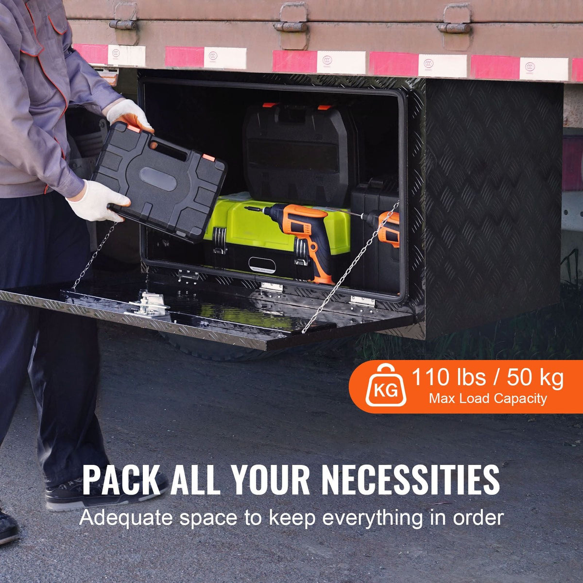 Underbody Truck Box, 48" x 24" x 24" Pickup Storage Box, Heavy Duty Aluminum Diamond Plate Tool Box with Lock and Keys, Waterproof Trailer Storage Box with T-Handle Latch for Truck, Van, Trailer