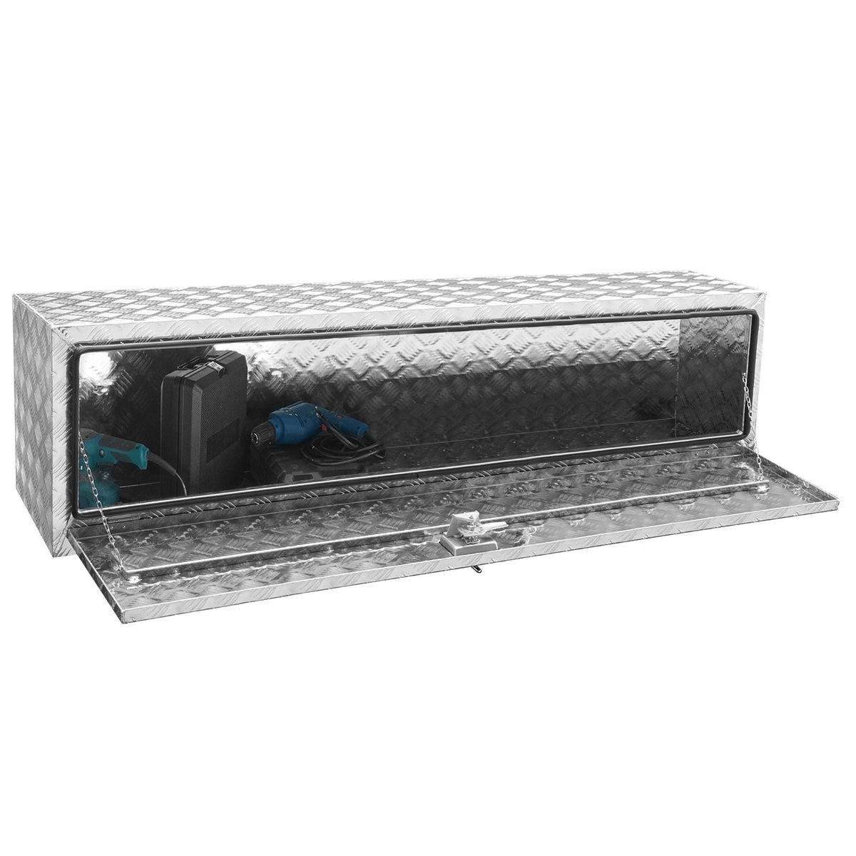 Underbody Truck Box, 60"×17"×18" Pickup Storage Box, Heavy Duty Aluminum Diamond Plate Tool Box with Lock and Keys, Waterproof Trailer Storage Box with T-Handle Latch for Truck, Van, Trailer