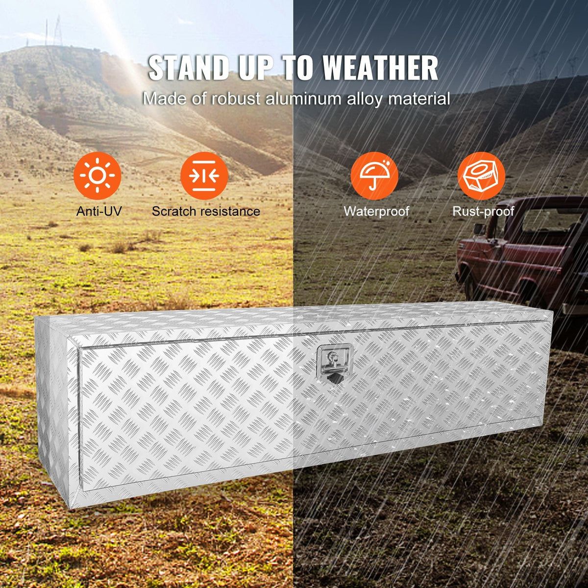 Underbody Truck Box, 60"×17"×18" Pickup Storage Box, Heavy Duty Aluminum Diamond Plate Tool Box with Lock and Keys, Waterproof Trailer Storage Box with T-Handle Latch for Truck, Van, Trailer