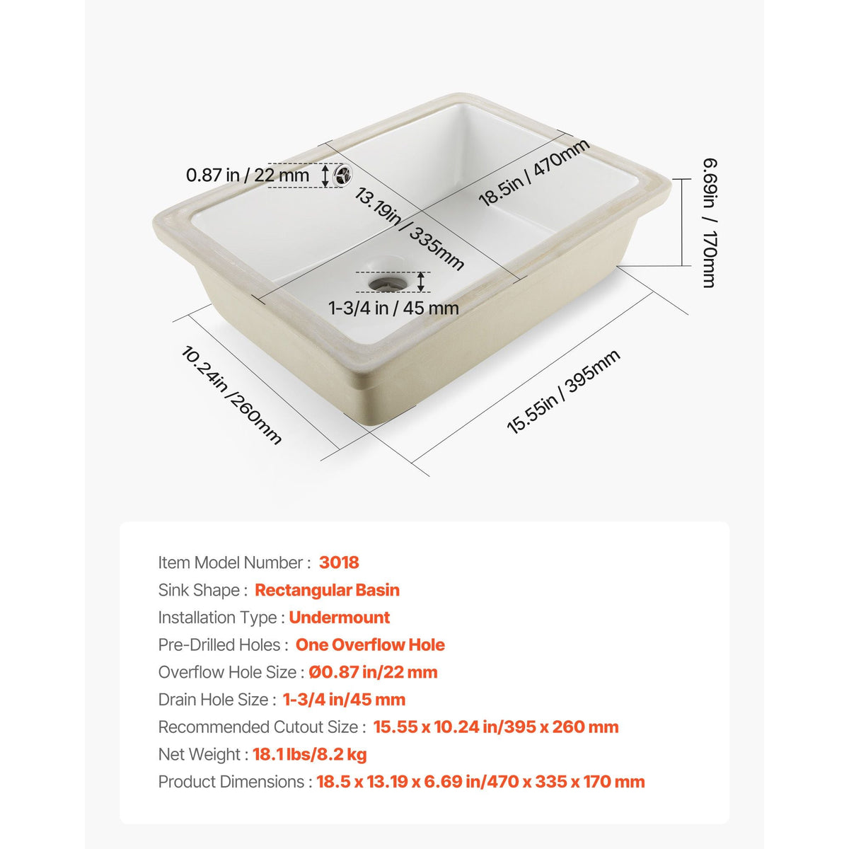Undermount Bathroom Sink, 18.5 x 13.19 Inch Rectangular White Ceramic Vessel Sink with Overflow Hole, Under Counter Drop in Modern Lavatory Vanity Bath Wash Bowl Basin, Rectangle Small Space