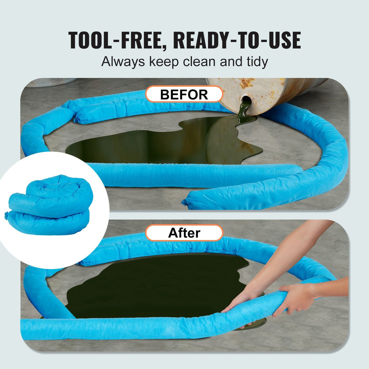 Universal Absorbent Sock, Water Absorbing Snake 20 Gal Capacity, 3" x 47.24" Mildew-Resistant Spill Control Sock, 12 pcs