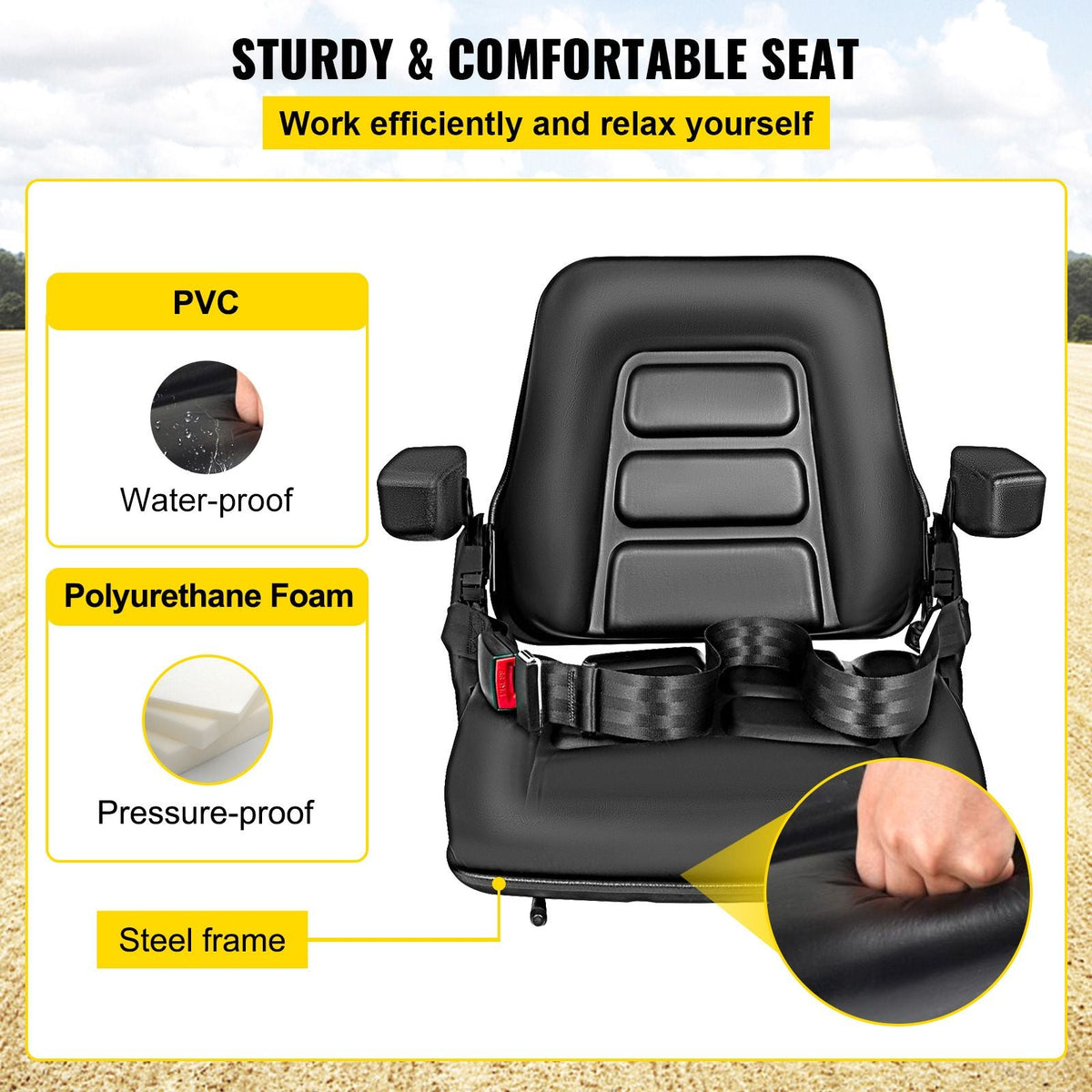 Universal Fold Down Forklift Seat with Retractable Safety Belt, Armrest,Adjustable Seat for Excavator, Forklift, Tractor, Skid Loader, Backhoe Dozer Telehandler