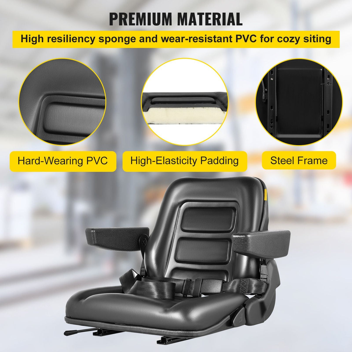 Universal Forklift Seat Black PVC Tractor Seat, 6\"/150MM Adjustable Mower Seat Foldable Seat Including Armrests, Seat Belt, Seat Switch, Skid Steer Seat Fit Forklift, Tractor, Skid Loader