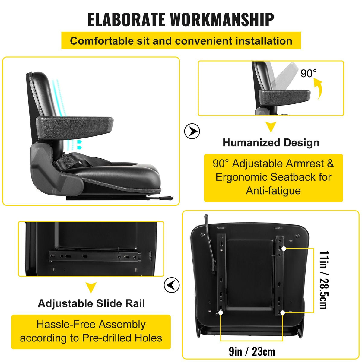Universal Forklift Seat Black PVC Tractor Seat, 6\"/150MM Adjustable Mower Seat Foldable Seat Including Armrests, Seat Belt, Seat Switch, Skid Steer Seat Fit Forklift, Tractor, Skid Loader